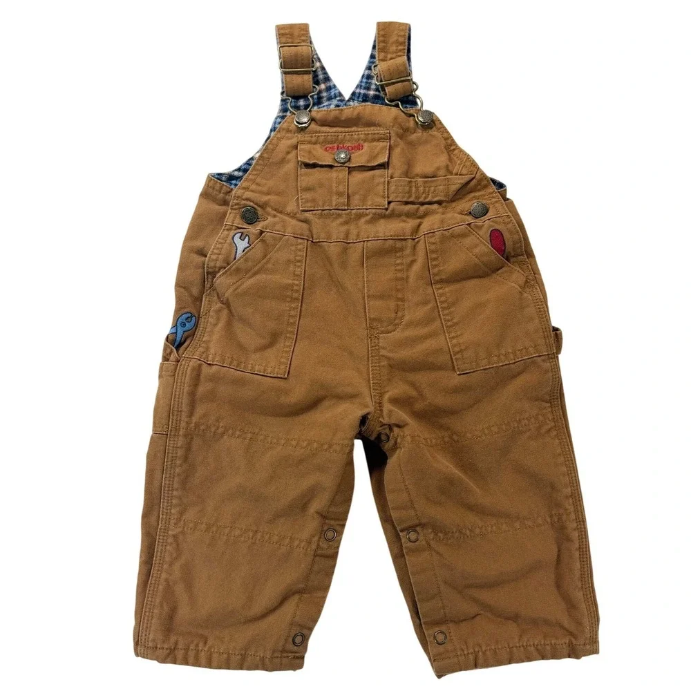 OshKosh Bgosh Brown Canvas Tool Embroidered Flannel Lined Overalls 6-9 Months